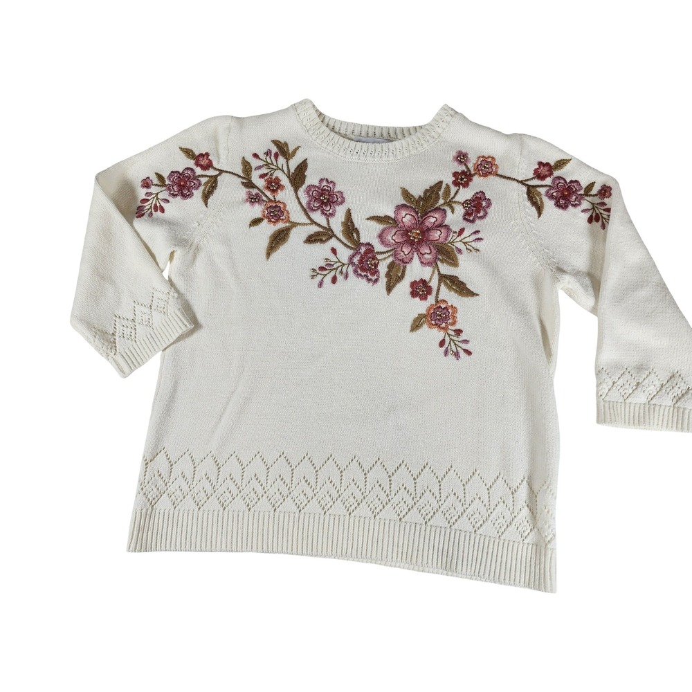 Alfred Dunner Petite Cream Floral Embroidered Beaded Knit Sweater 3/4 Sleeve